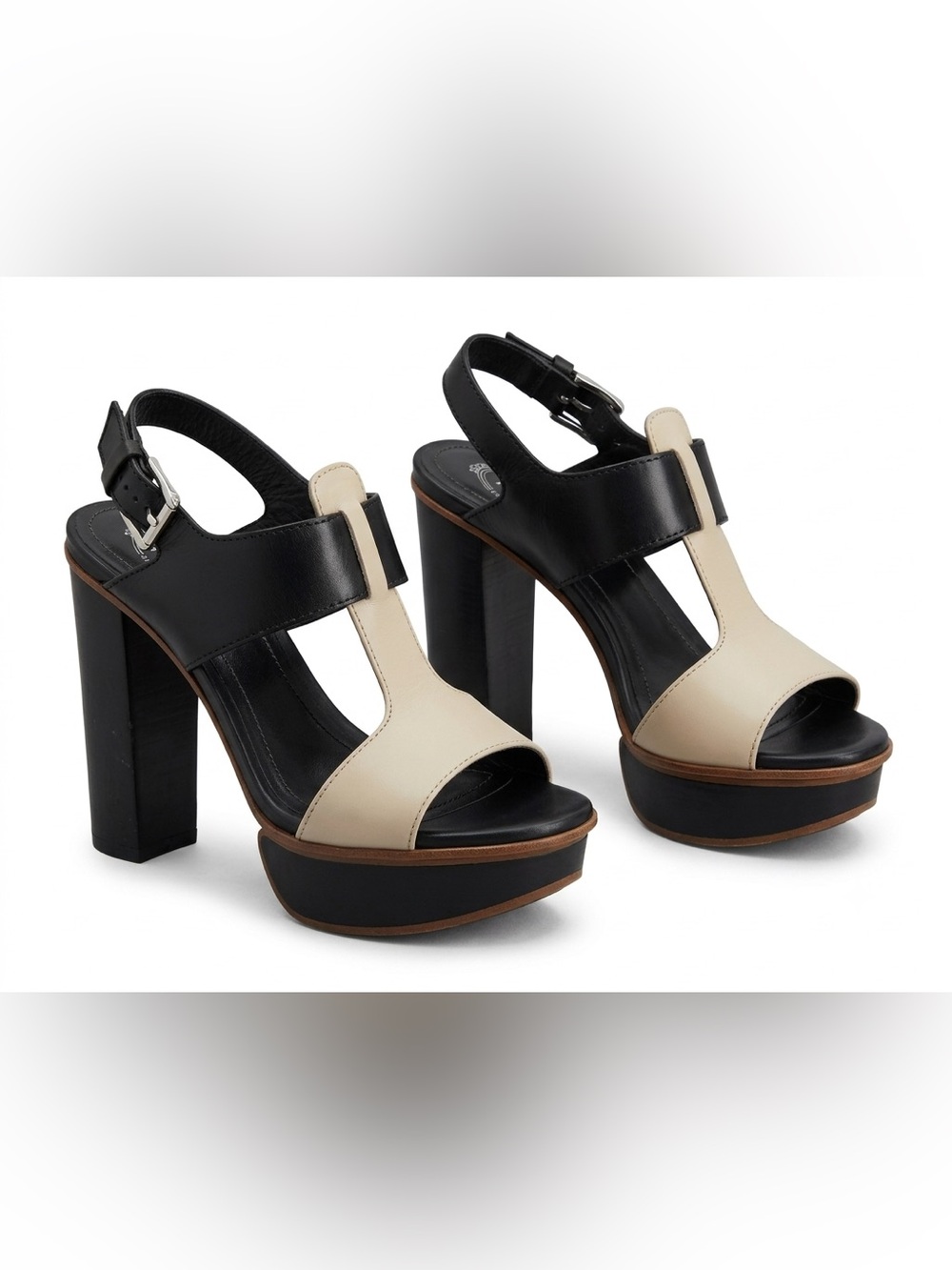 TODS Black Cream Leather Platform Chunky Block Heel T-Strap Sandals EU 35 US 5